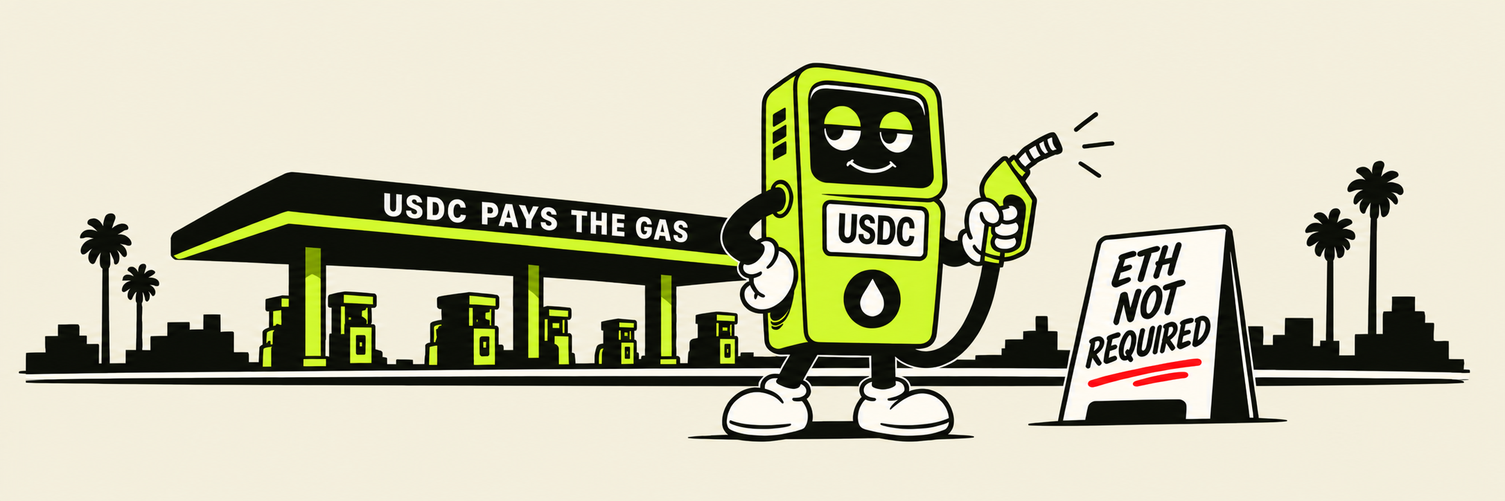 A smug USDC gas pump at the NOETH station. A sign reads ETH NOT REQUIRED.